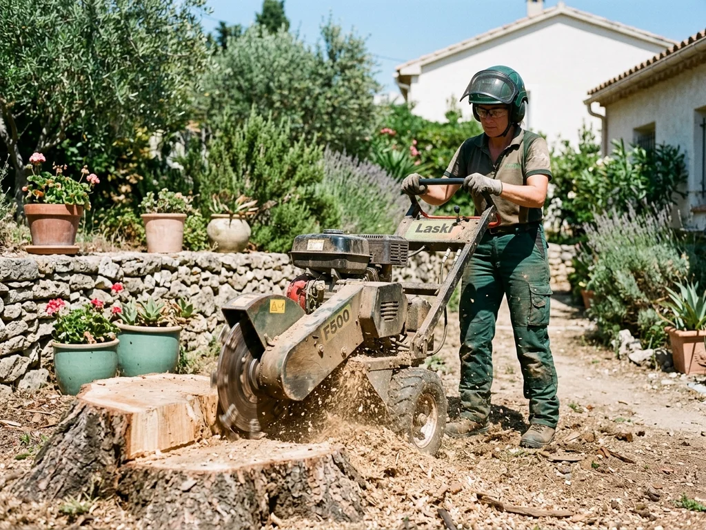 Dessoucheuse mécanique éliminant une souche de pin après un abattage complexe dans un jardin marseillais.