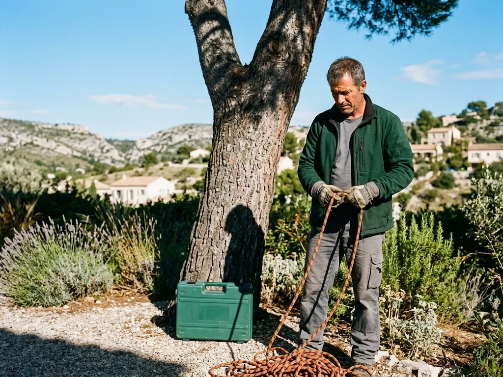 Élagueur professionnel en pleine intervention dans un jardin paysager du 12e arrondissement de Marseille.