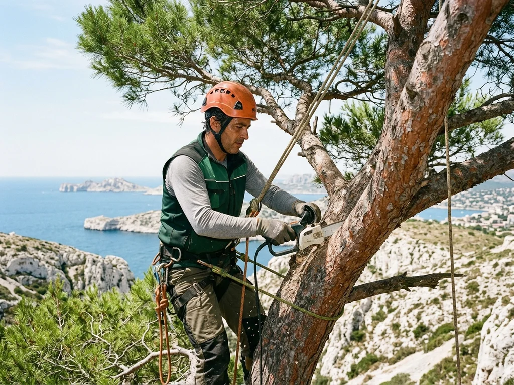 Arboriste-grimpeur taillant un pin parasol face à la mer, illustrant le savoir-faire local marseillais.