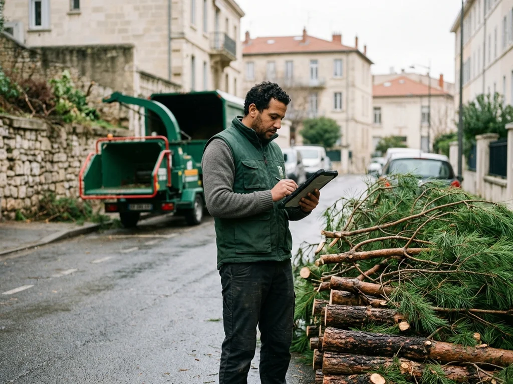 Un élagueur documente avec une tablette le nettoyage d'une route après une tempête marseillaise.