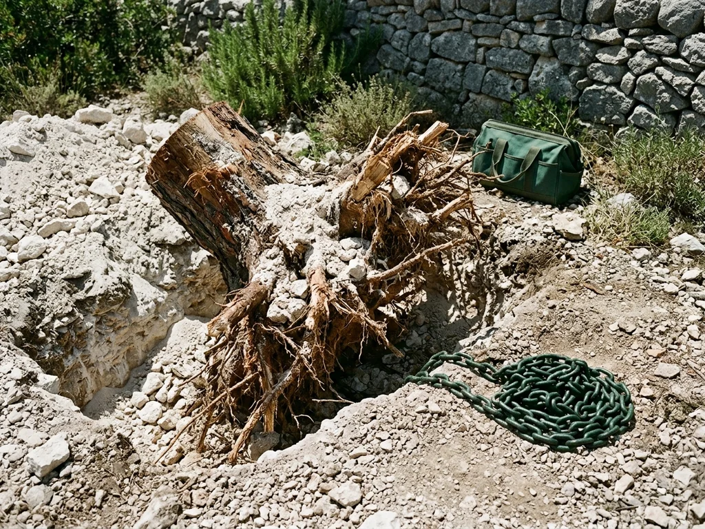 Extraction d'une souche de pin maritime révélant les racines sur un terrain calcaire marseillais.