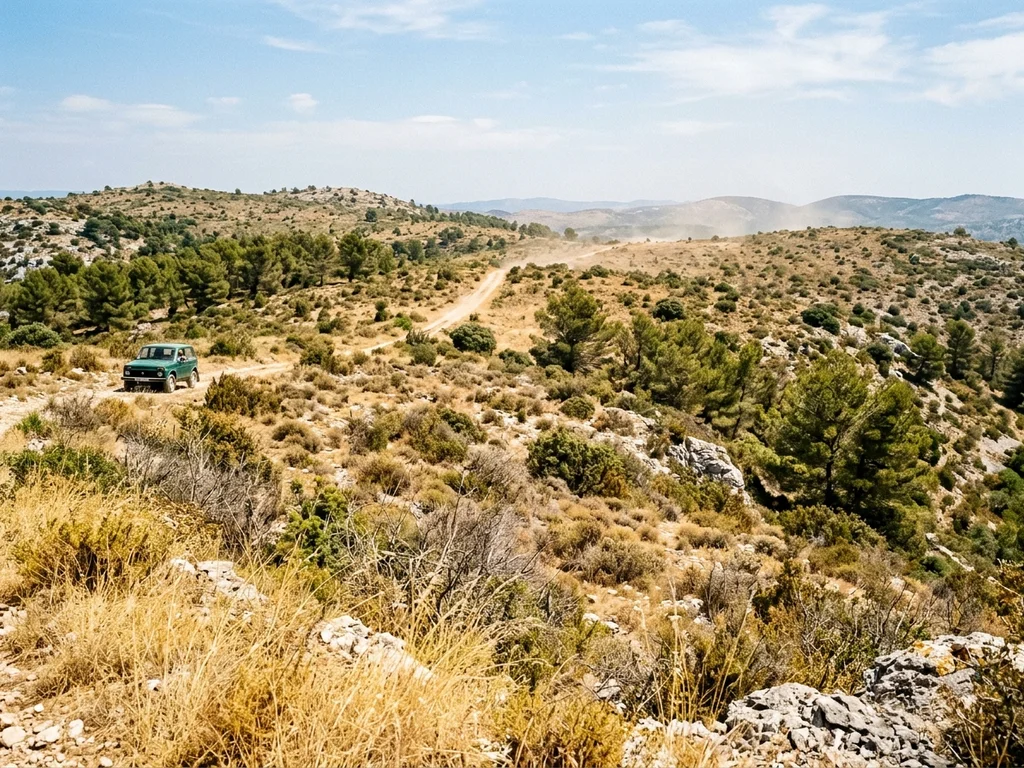 Paysage de garrigue desséchée en Provence illustrant la vulnérabilité extrême aux incendies de forêt.