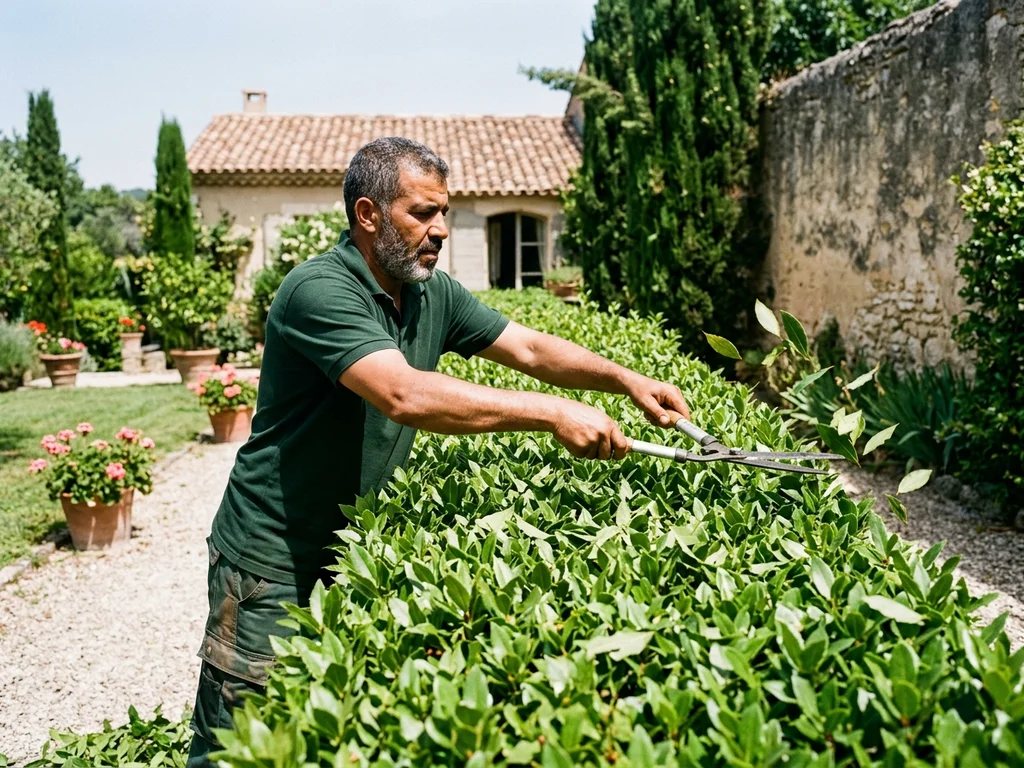 Professionnel taillant une haie de lauriers pour assurer la croissance saine des jardins à Marseille.