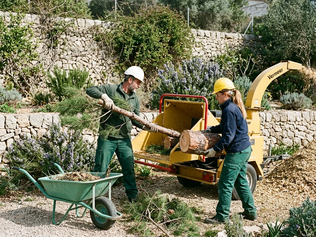 Équipe nettoyant un jardin marseillais après l'abattage d'un pin parasol avec un broyeur.