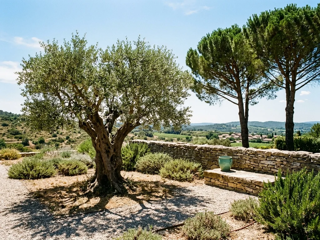 Jardin entretenu avec oliviers et pins parasols à Saint-Julien, illustrant la prévention contre les incendies.