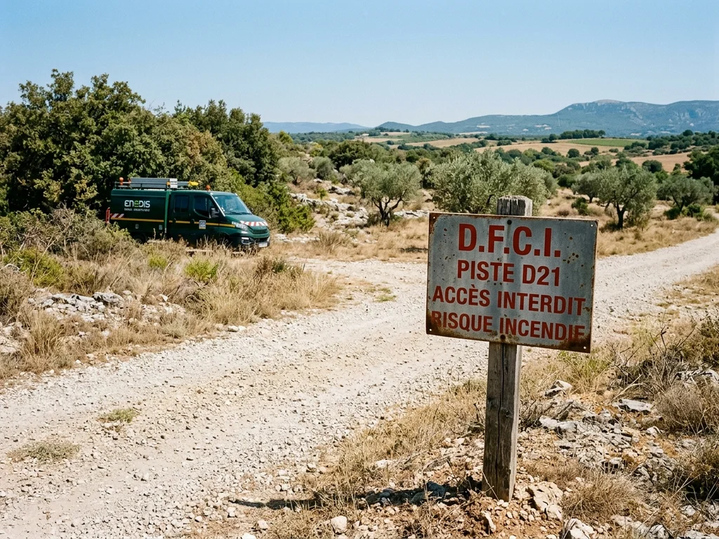 Panneau DFCI signalisant une piste de prévention des incendies dans les friches agricoles marseillaises.