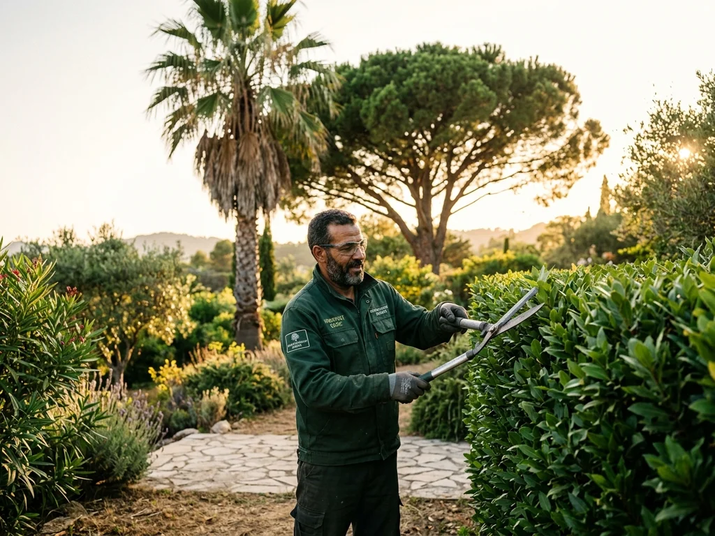 Arboriste taillant une haie dense devant un palmier et un pin parasol à Marseille.
